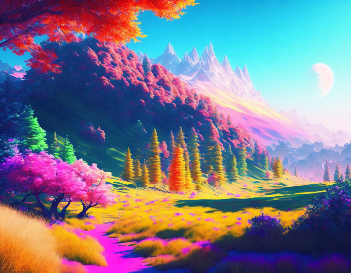 Colorful Landscape with Pink and Orange Foliage, Mountains, and Moon