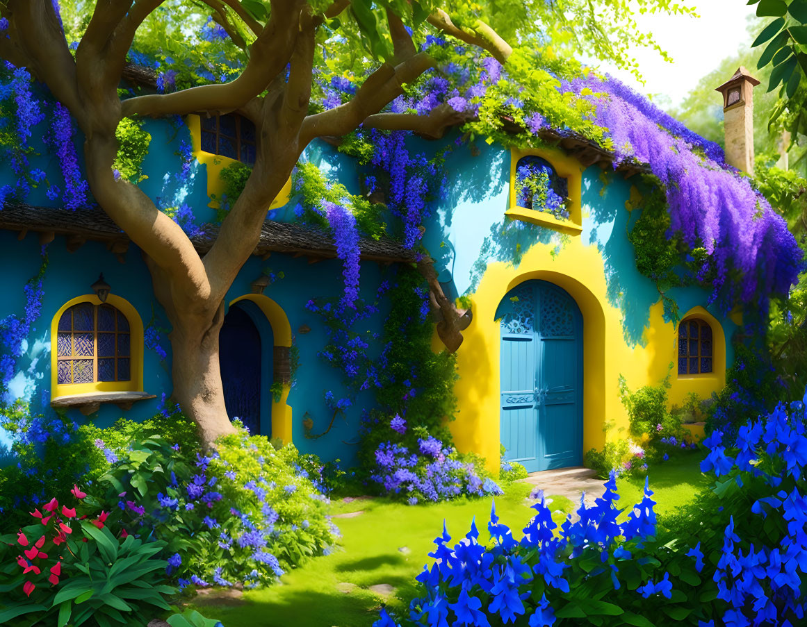 Colorful Blue Cottage with Yellow Windows and Teal Door in Lush Garden