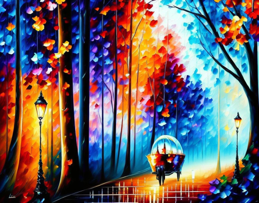 Colorful Impressionistic Forest Scene with Path, Bench, and Lampposts