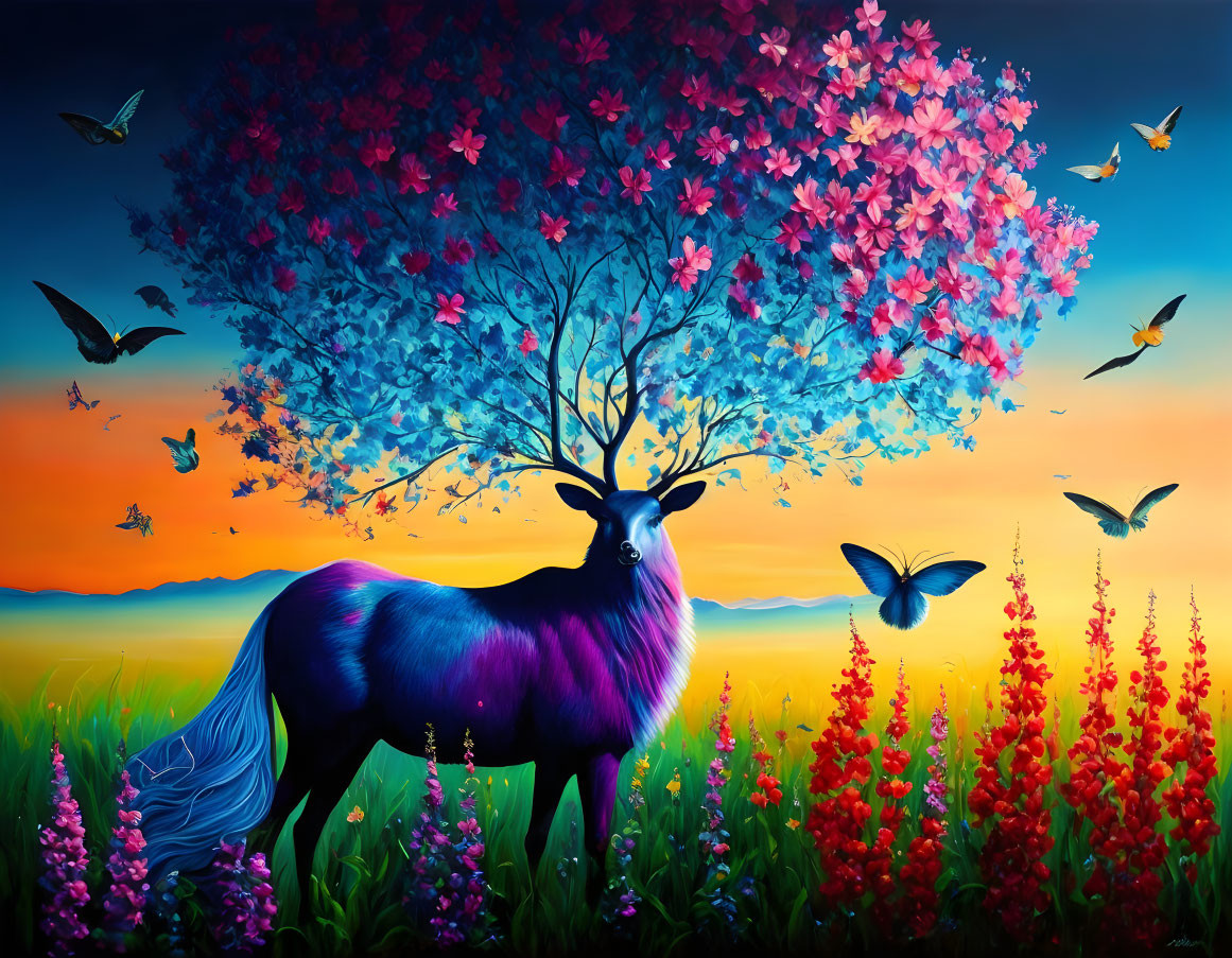 Colorful artwork: Mystical stag with blooming tree antlers, surrounded by flowers and butterflies at