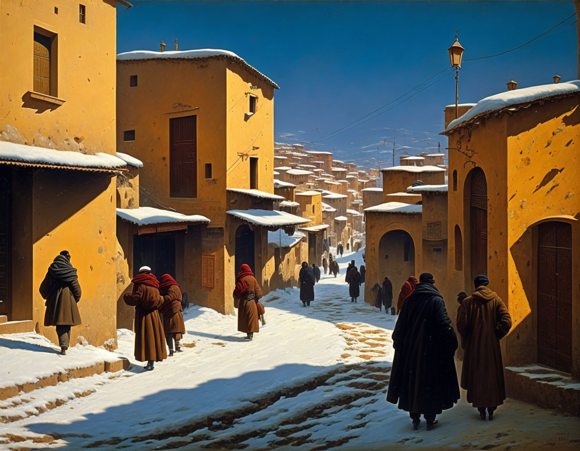 Traditional robes and ochre buildings in snow-covered old town