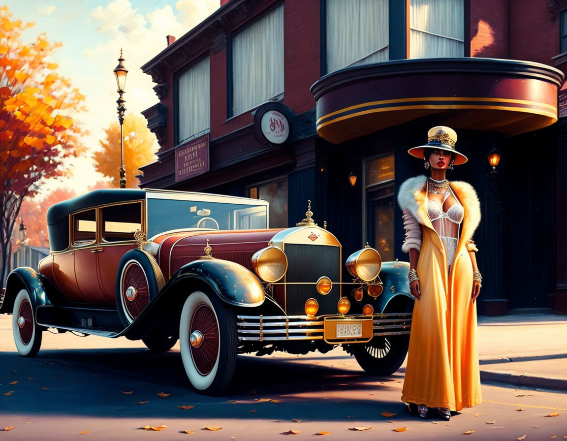 Vintage Attired Woman by Classic Car in Autumn Setting