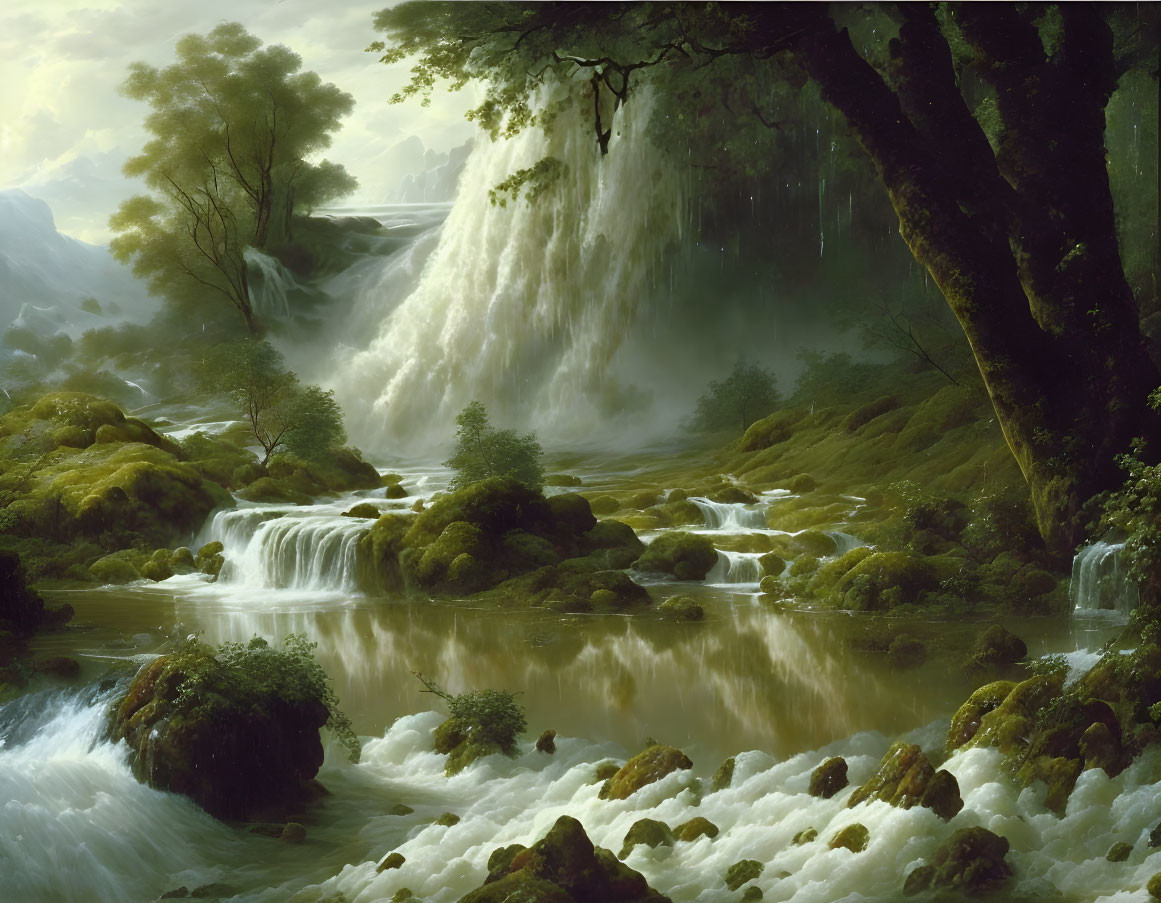 Serene river with majestic waterfall and lush green foliage