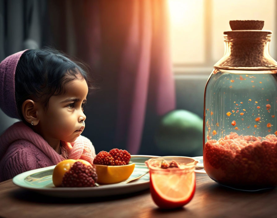 Child sitting at table with fruit and fishbowl in contemplation