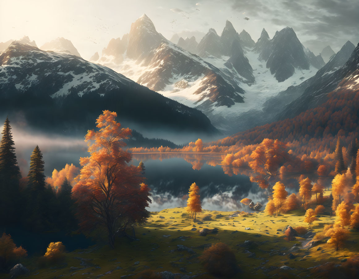 Golden Trees, Tranquil Lake, Snow-Capped Mountains: Autumn Landscape Scene