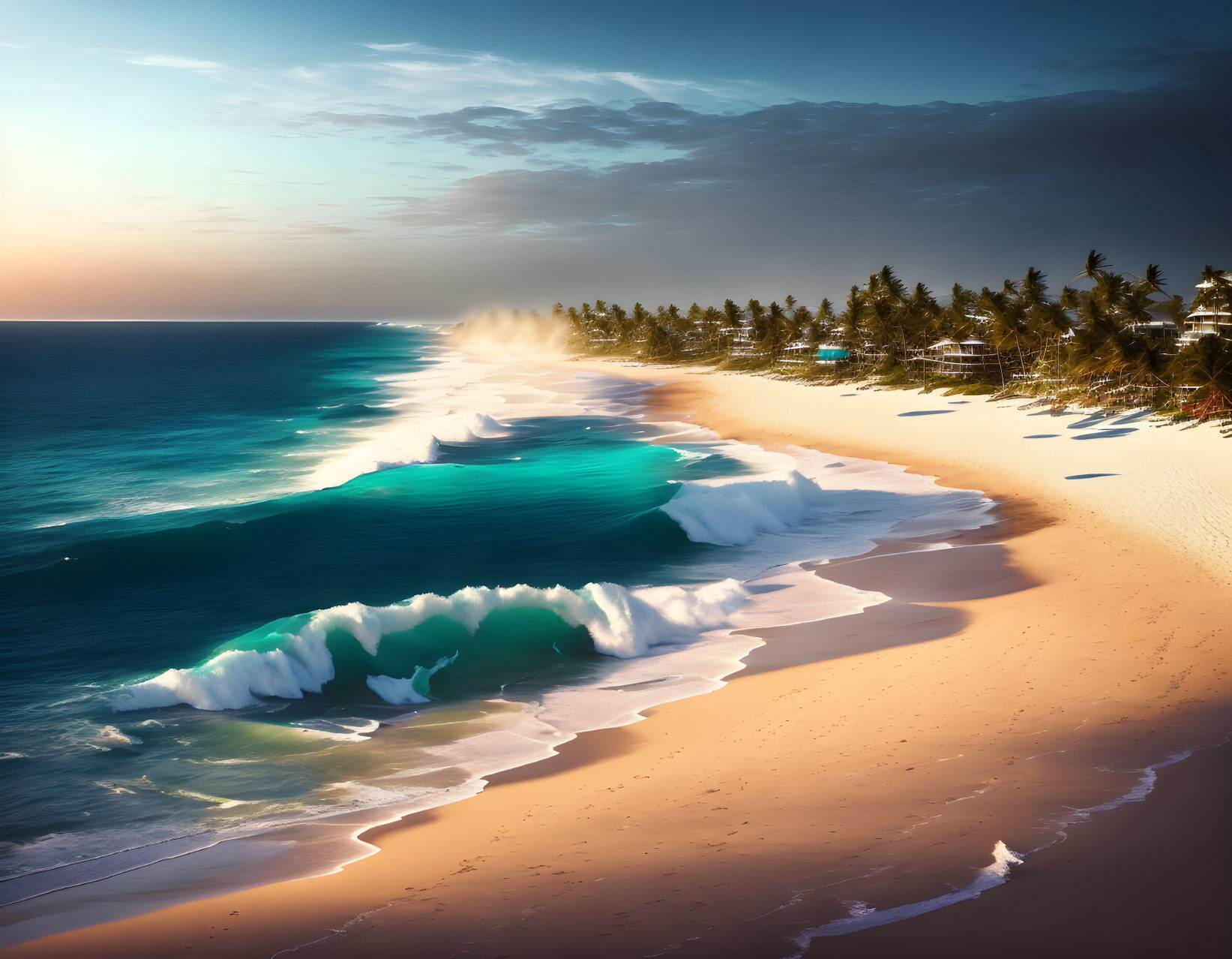 Turquoise Waves Crashing on White Sand Beachscape at Sunset