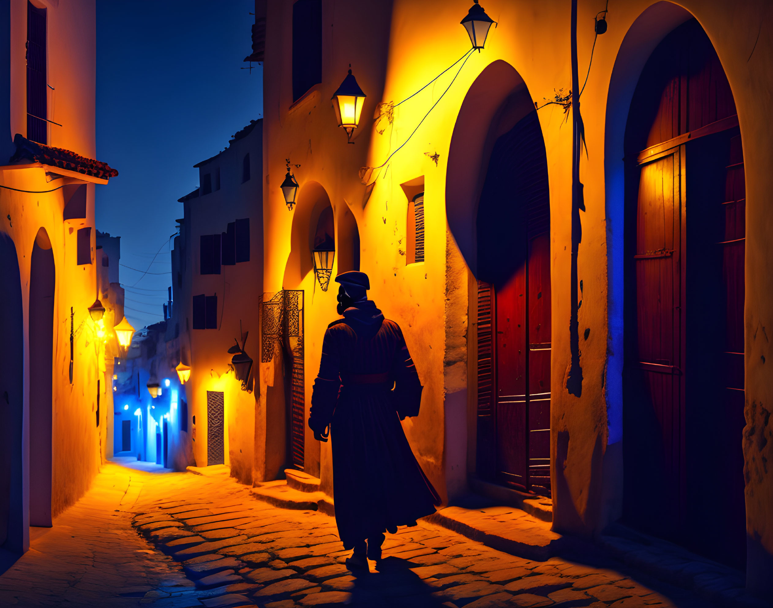 Solitary figure walking in cobblestone alley at dusk