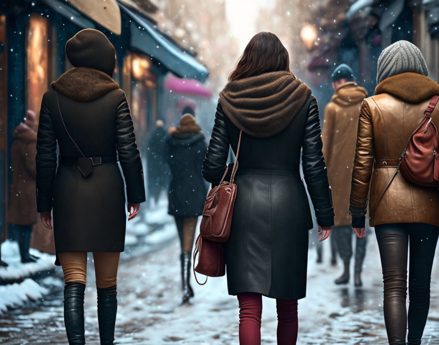 Three individuals walking on snowy city street, one in black coat and carrying black bag.