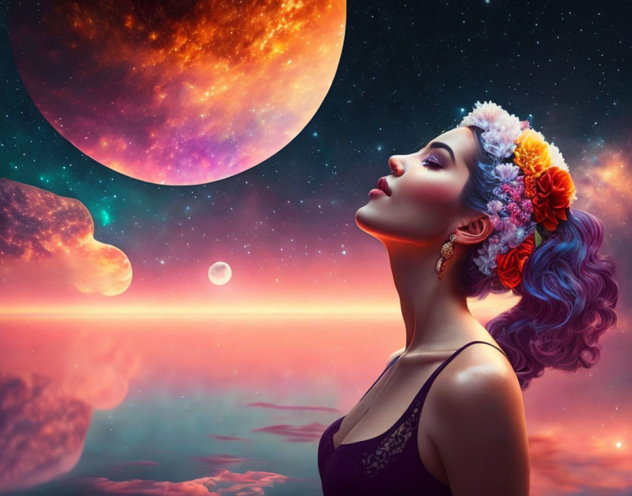 Woman with Colorful Flowers and Blue-Purple Hair in Surreal Sky with Orange and Smaller Planet