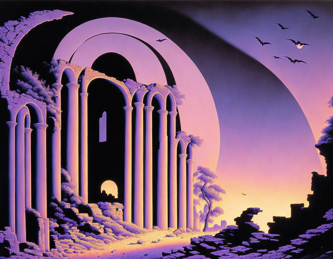 Purple-hued surreal landscape with Roman-style ruins, arches, columns, and silhouetted