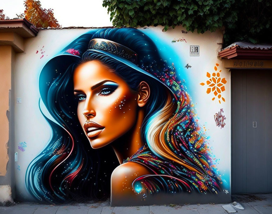 Colorful Street Art Mural Featuring Woman with Blue Eyes