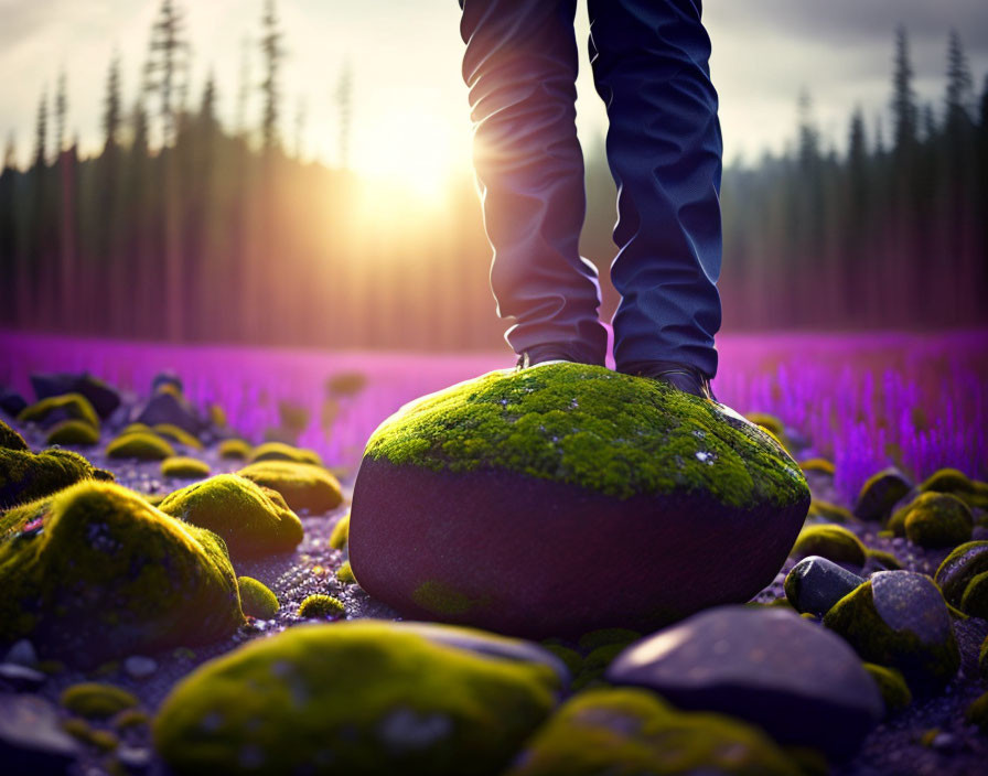 Individual on mossy rock surrounded by purple flowers in forest sunset.