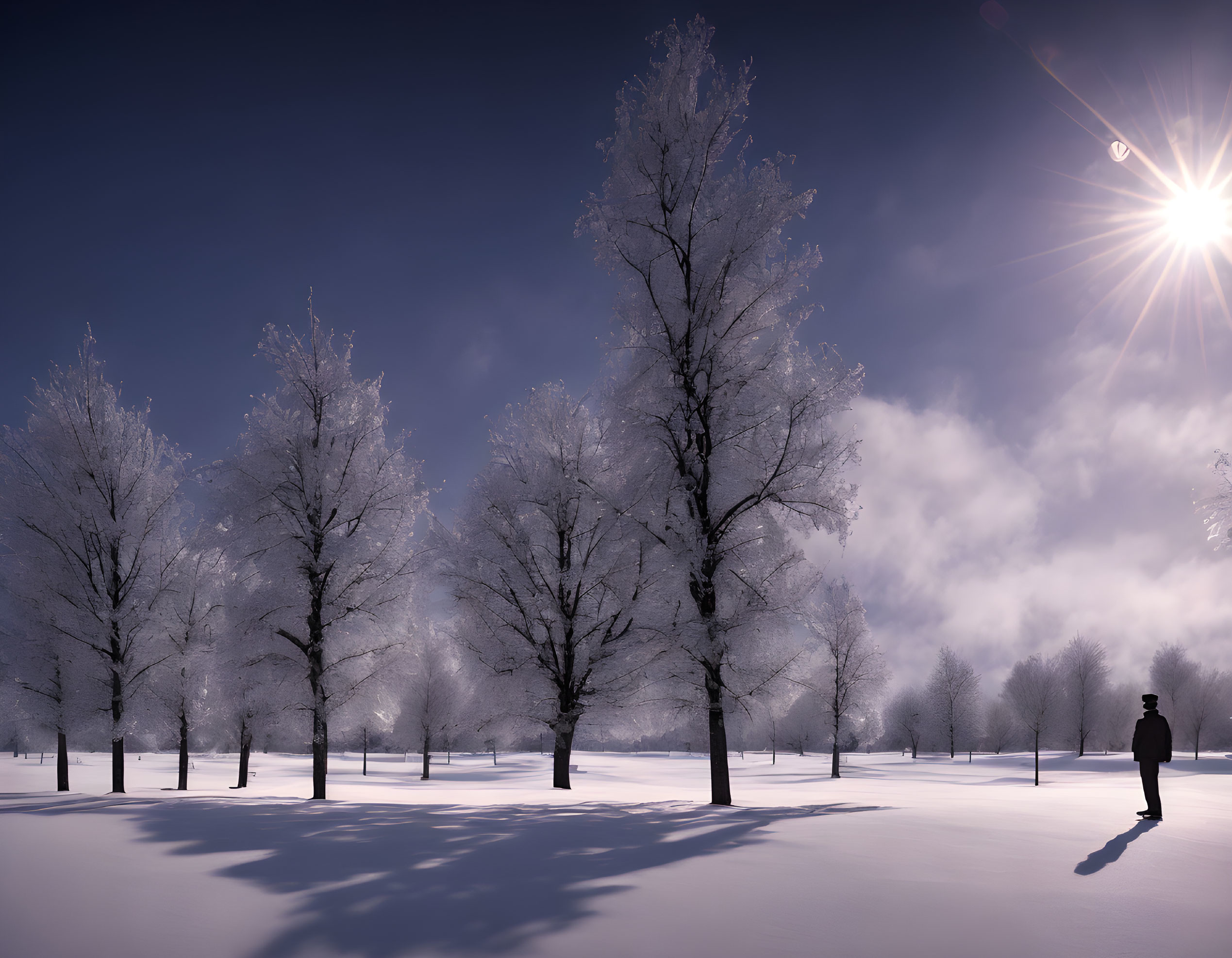 Person standing in snow-covered forest under blue sky with long shadows