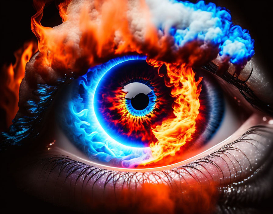 Close-up Human Eye with Blue and Orange Flame-Like Effects