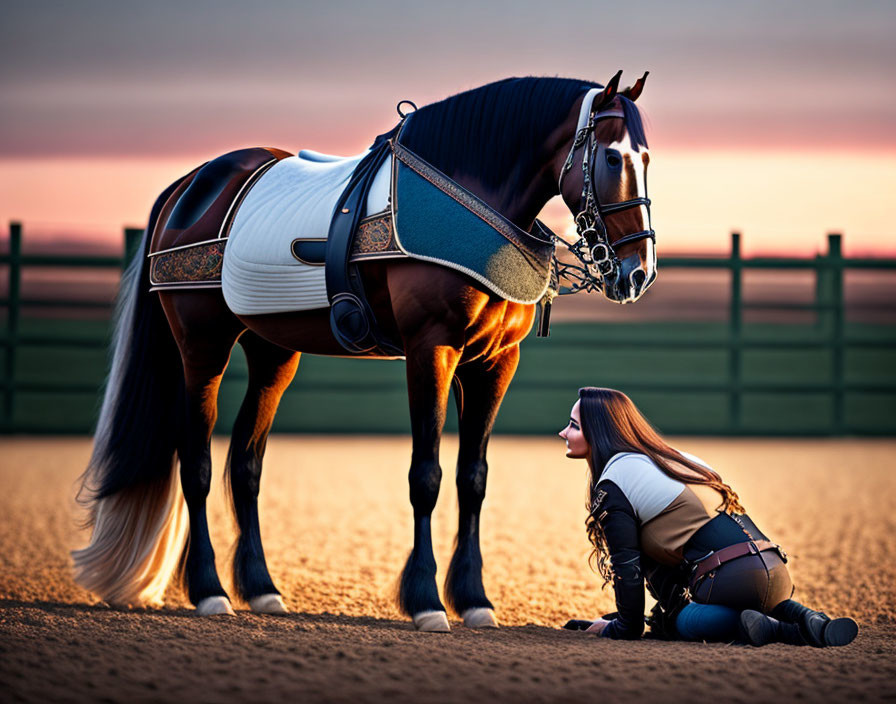 Woman kneeling beside saddled horse at sunset.