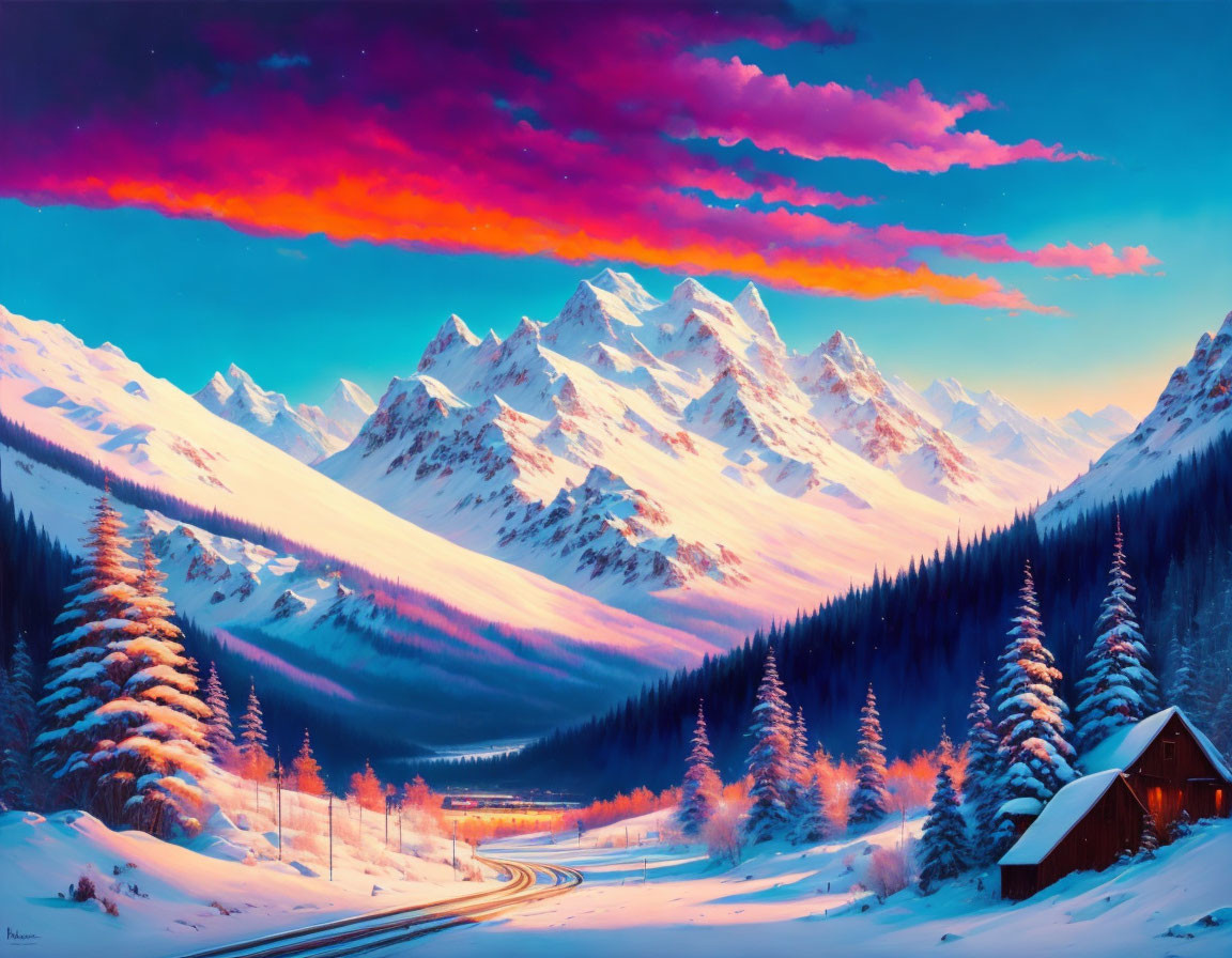 Snowy mountain landscape painting with colorful sky, pine trees, cabin, and train track.