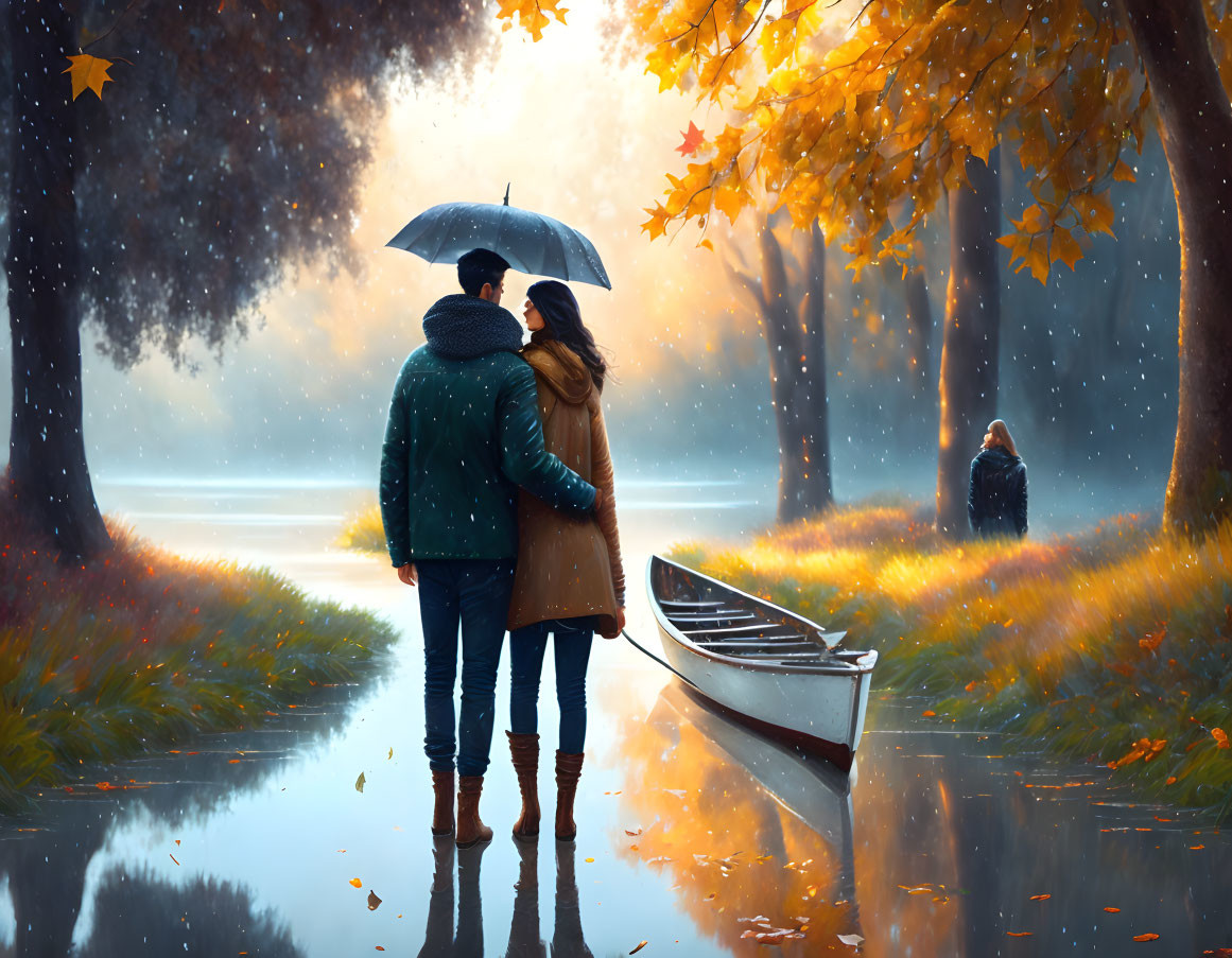 Couple under umbrella near boat in autumnal setting