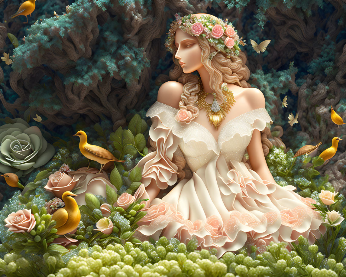 Illustrated woman in floral dress surrounded by birds and lush forest scene