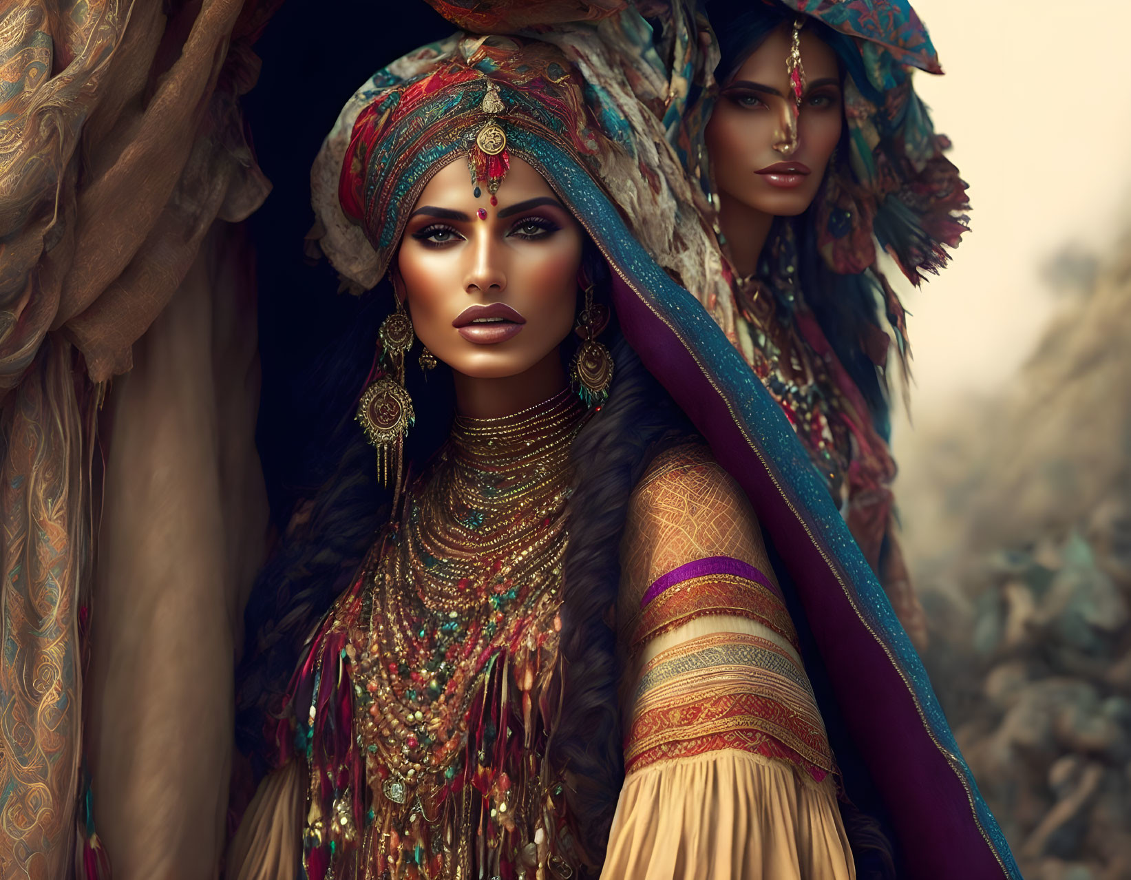 Two women in ornate tribal attire with colorful headscarves peeking from tent flap