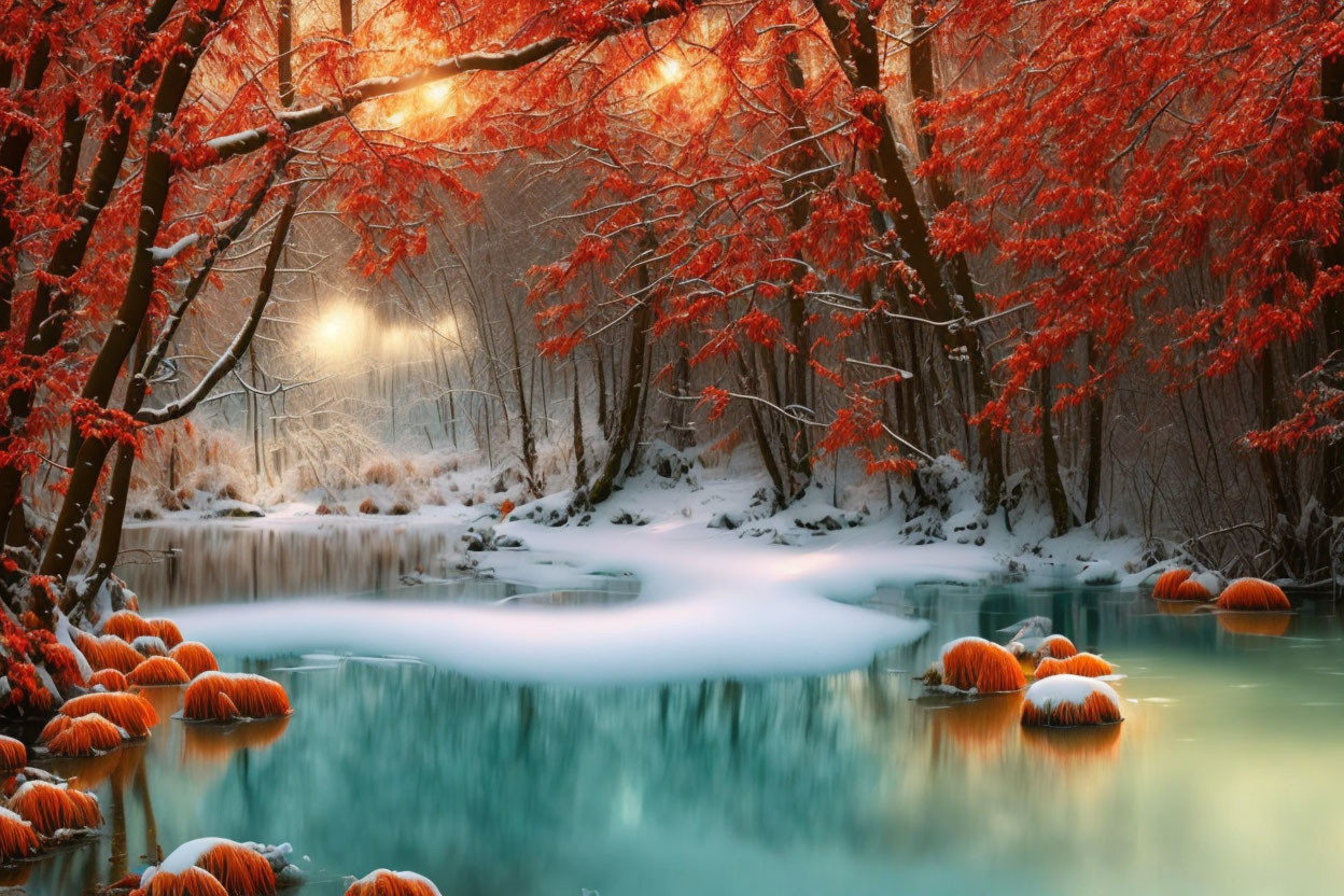 Snow-covered trees by turquoise river in winter sunlight