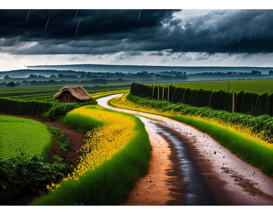 Scenic country road with green fields, wildflowers, hut, stormy sky