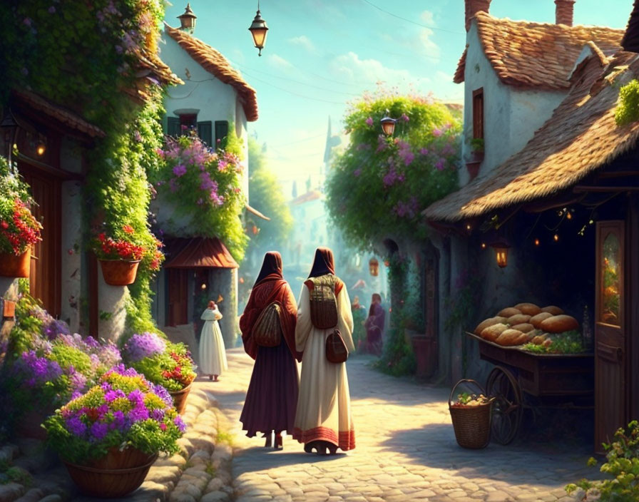 Three cloaked figures stroll through a picturesque village with cobblestone streets and a bakery cart.