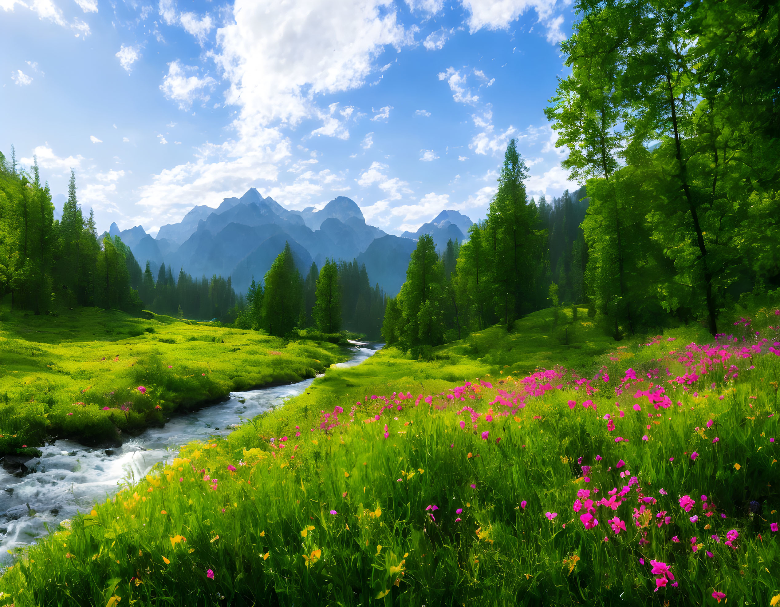 Scenic mountain landscape with stream, greenery, wildflowers, and peaks