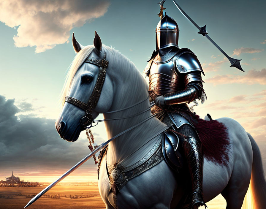 Knight on white horse with lance under dramatic sky and distant castle