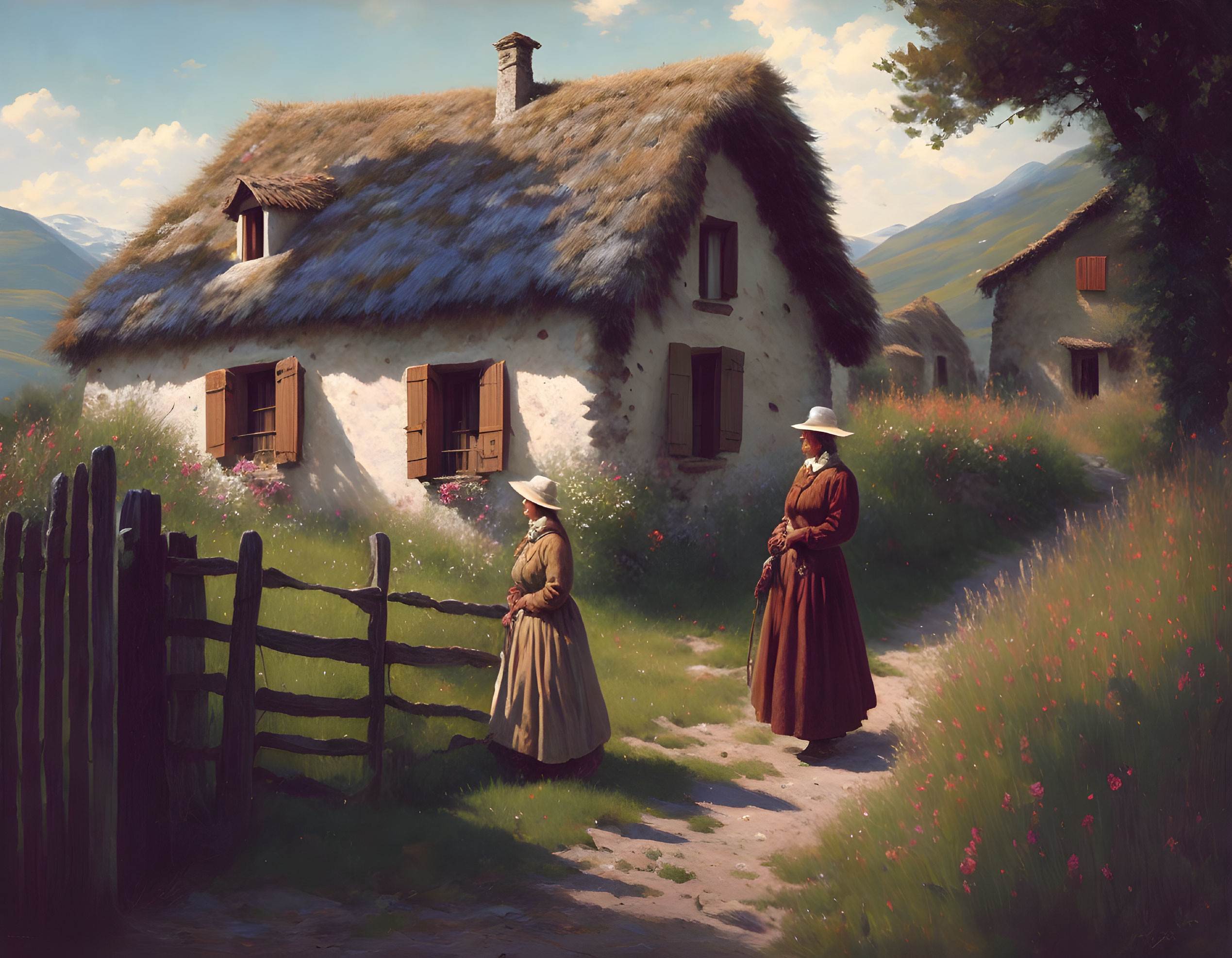 Vintage Attired Individuals Conversing by Thatched-Roof Cottage in Blooming Countryside