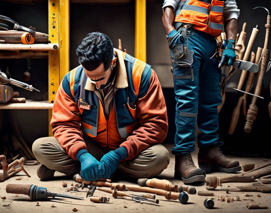 Two workers organizing tools in a workshop setting with hammer and hand tools.