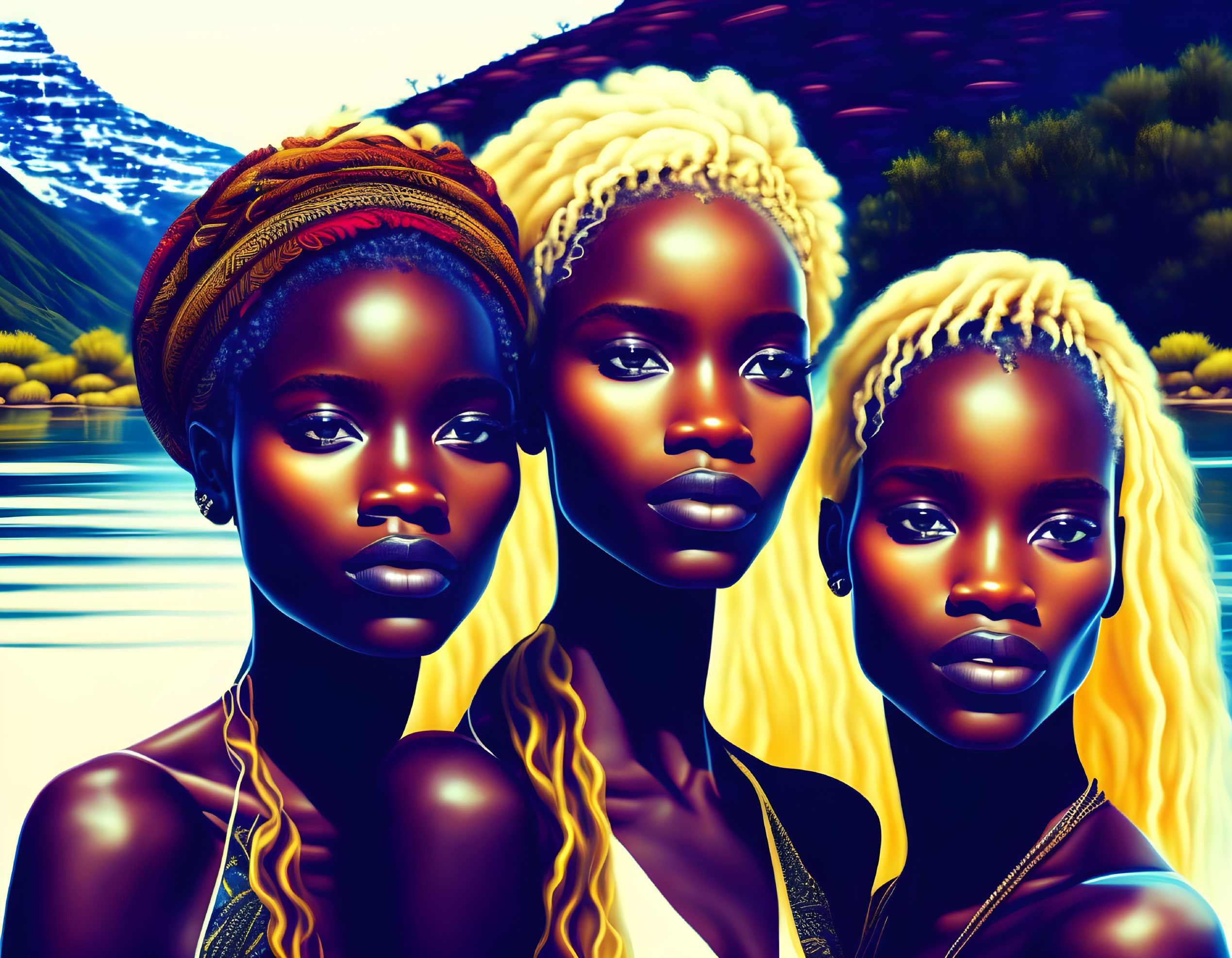 Stylized women with blue lips and intricate hairstyles in mountain lake scenery