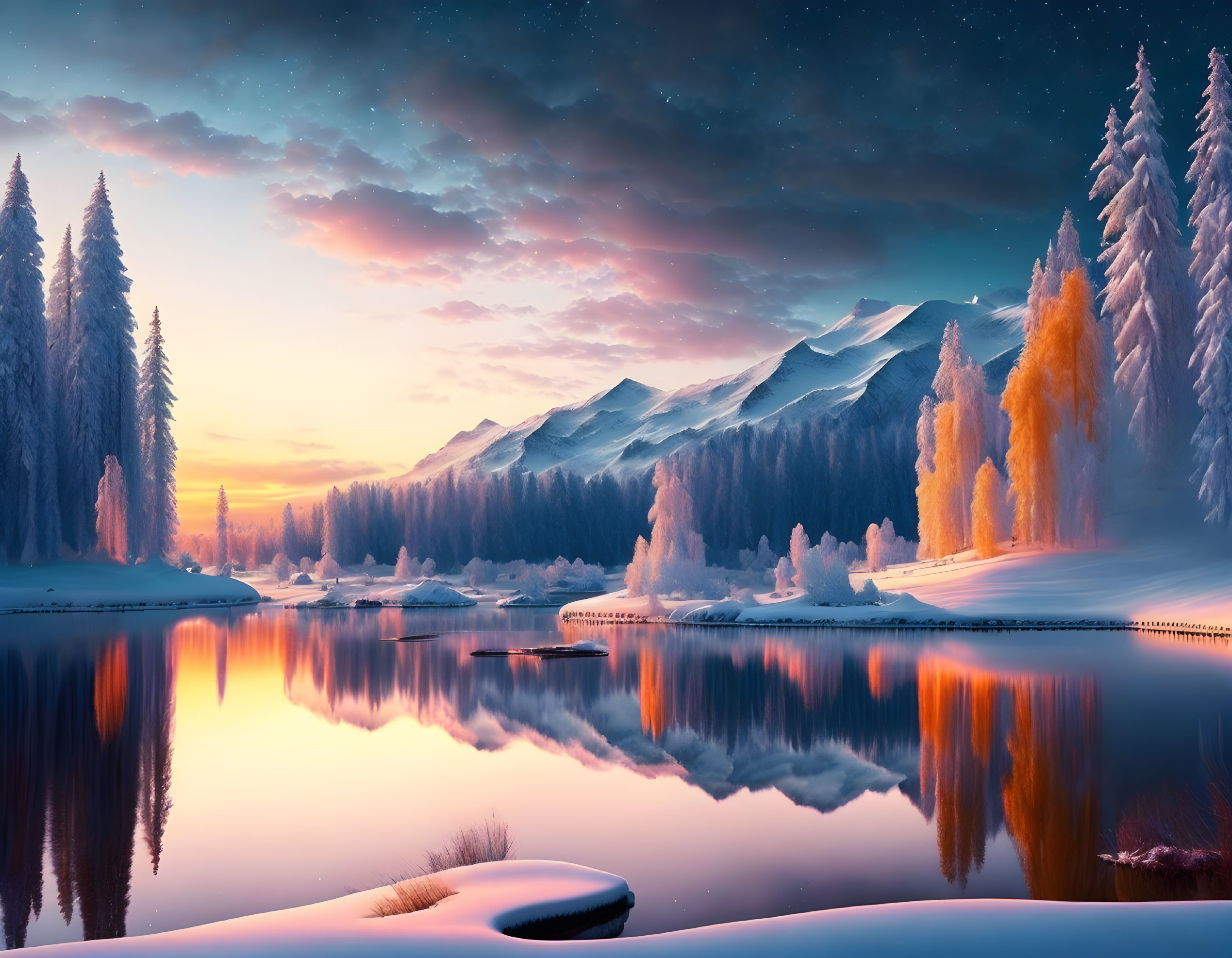 Snowy Twilight Landscape: Reflective Lake, Starry Sky, Snow-Covered Pines