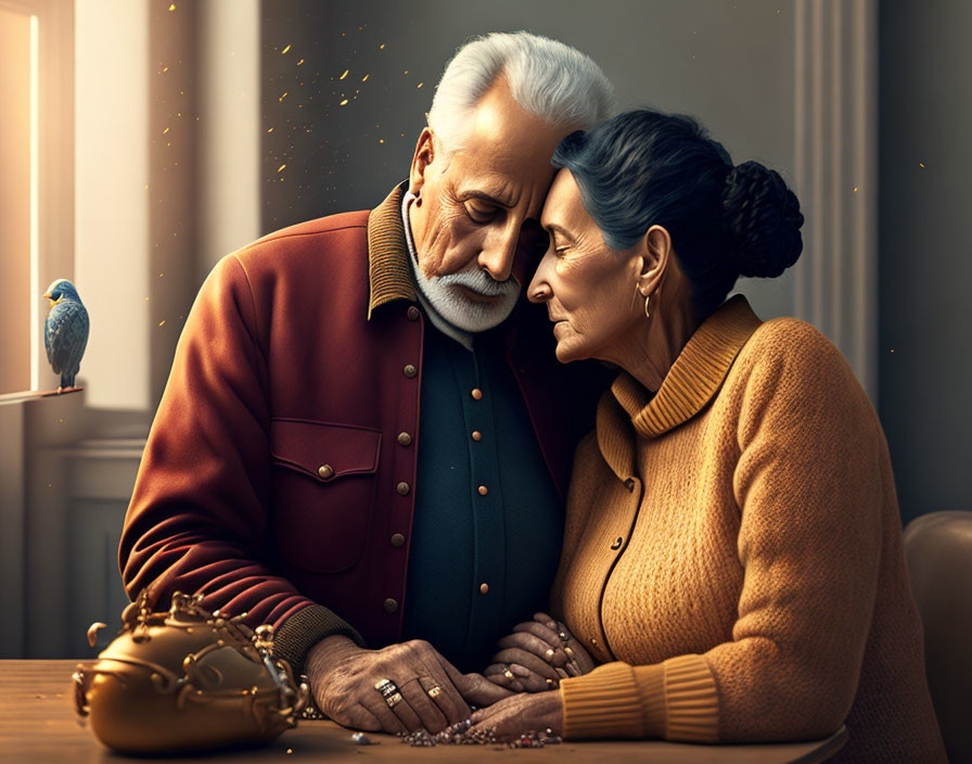 Elderly couple with grey hair in red and orange jackets with pearls, golden phone, and blue