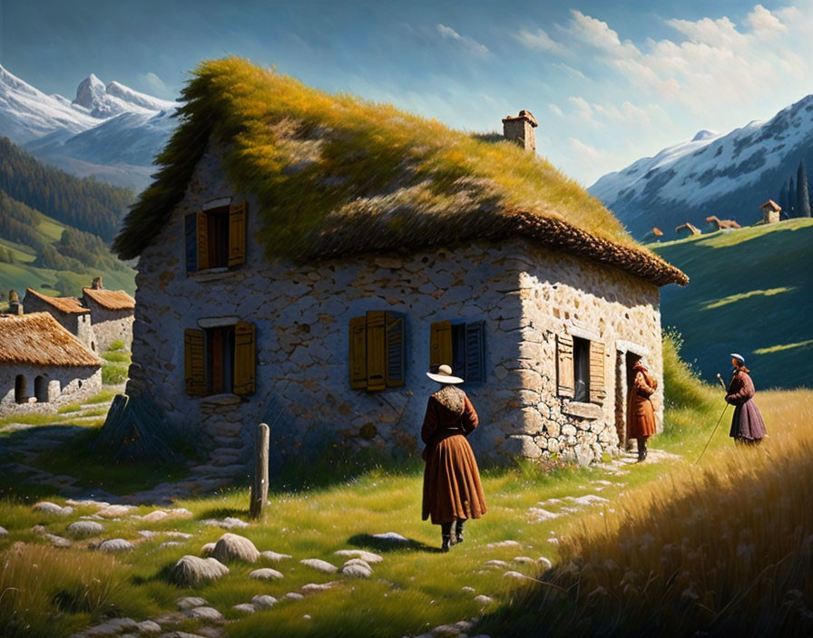 Thatched roof stone cottage in green landscape with mountains and traditional attire.