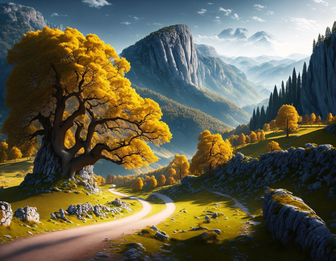 Scenic winding road in lush valley with golden tree, mountains, and blue sky