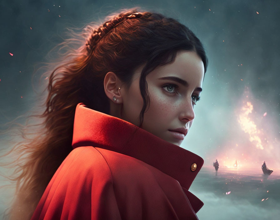 Digital artwork: Woman with braided hair, red cloak, starry sky backdrop.