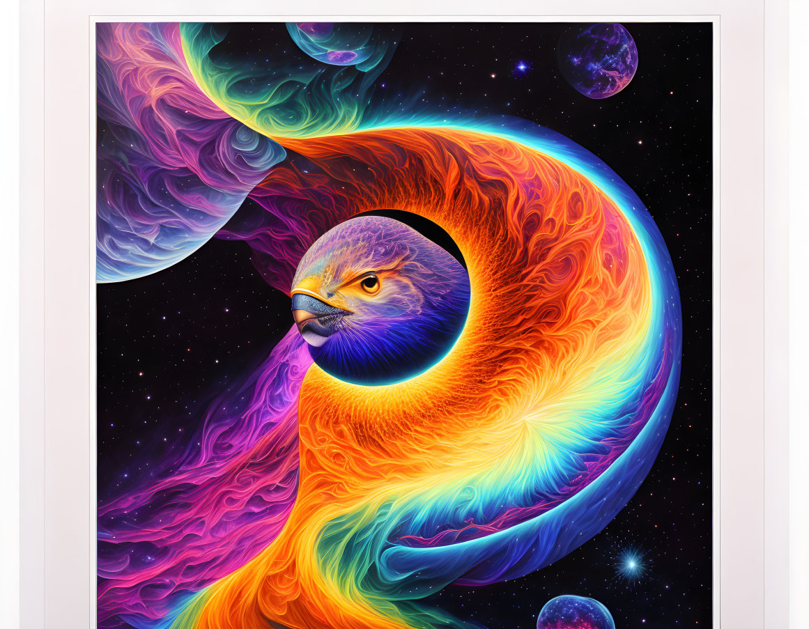 Colorful Cosmic Phoenix Artwork with Starry Space Backdrop