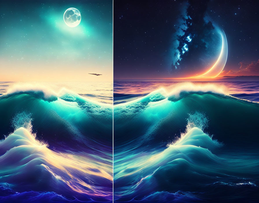 Split-Scene Digital Artwork: Vibrant Ocean under Moonlit Sky and Cosmic Event with Celestial