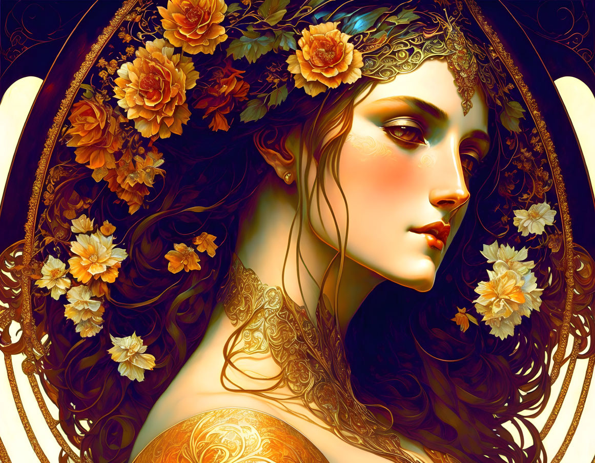 Woman with floral crown, tattoos, and mystical glow portrait.