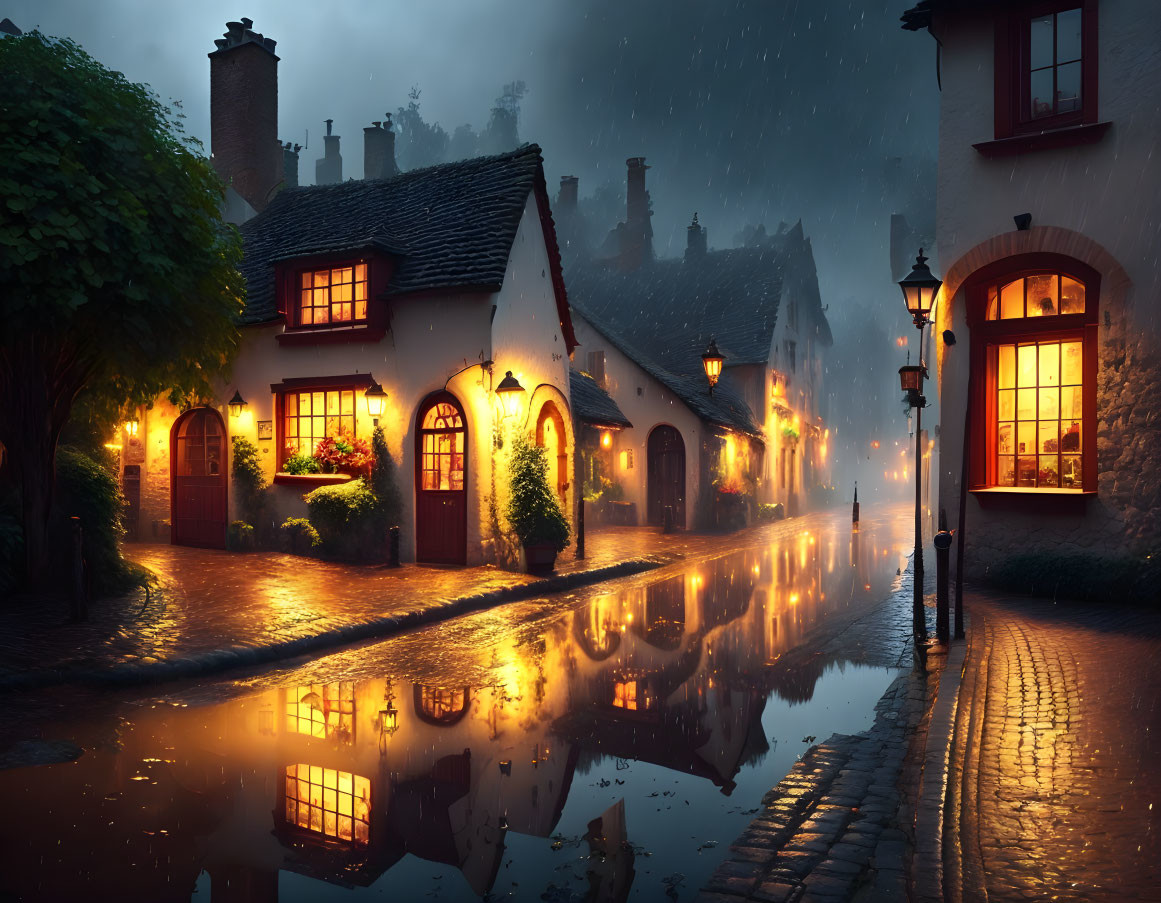 Quaint Village Cobblestone Street at Twilight with Rainy Reflections