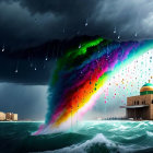 Colorful digital artwork: ships at sea with tornado-like phenomenon