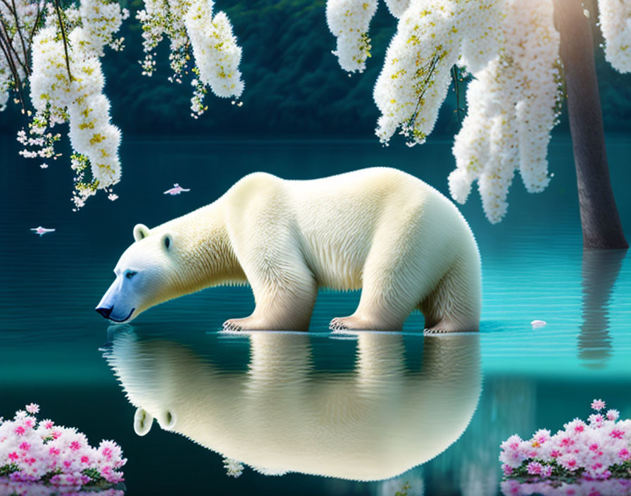 Polar bear in tranquil water under blossoming branches