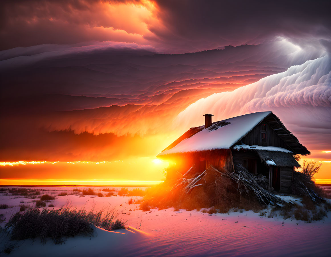Snowy Landscape with Solitary Cabin Under Fiery Sunset