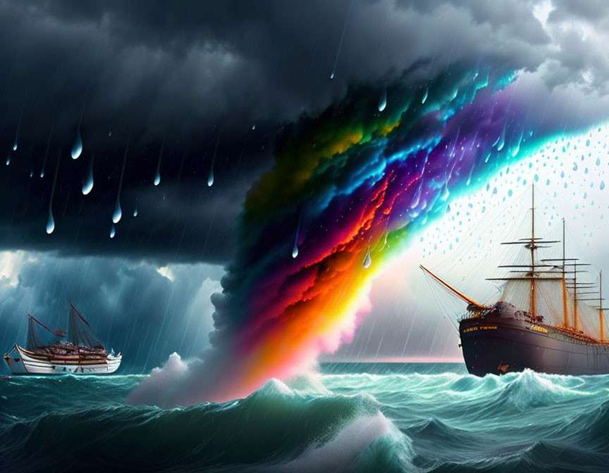 Colorful digital artwork: ships at sea with tornado-like phenomenon