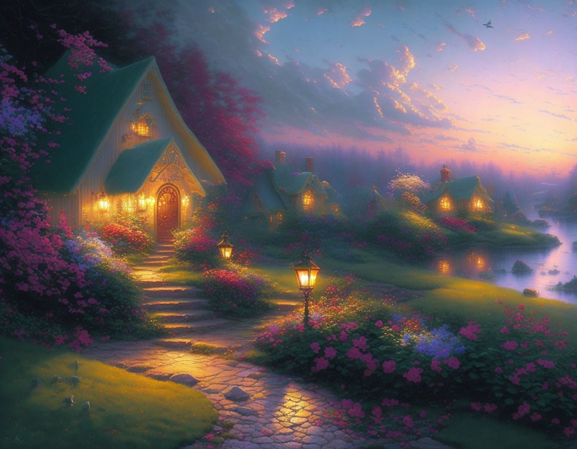 Cozy cottage by serene lake at twilight with starlit sky