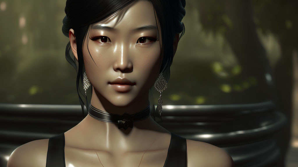 Detailed 3D-rendered Asian female character with sleek hair, silver earrings, and choker on