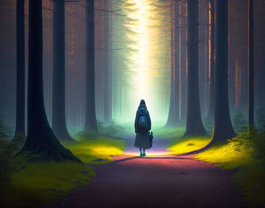 Person and dog walking in mystical forest light