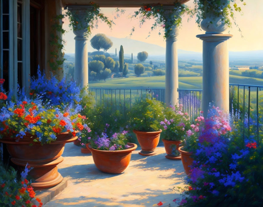 Tranquil porch view with vibrant flowers and serene landscape