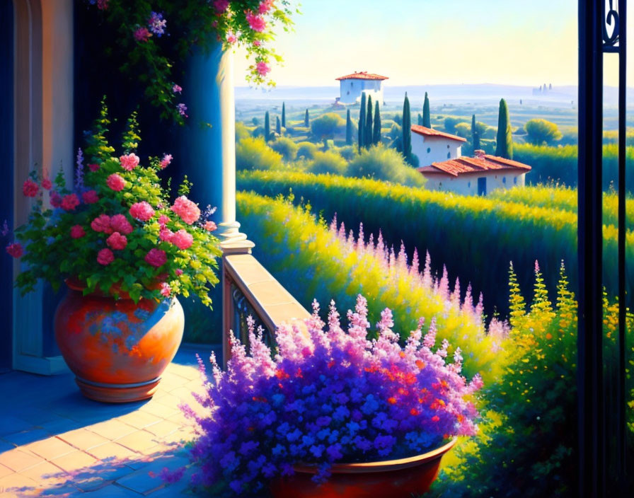 Colorful Tuscan landscape painting with balcony view.