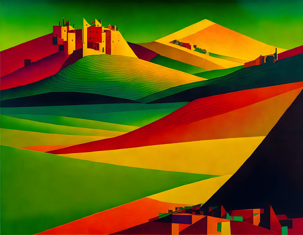 Vibrant painting of rolling hills and castles with geometric shapes